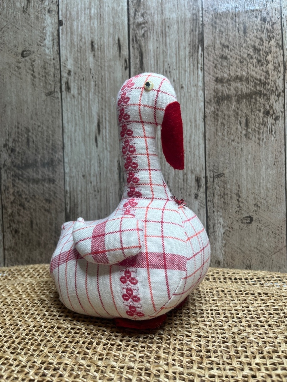 Vintage Red & White Plaid Goose Duck Fabric Plush Holiday Decor